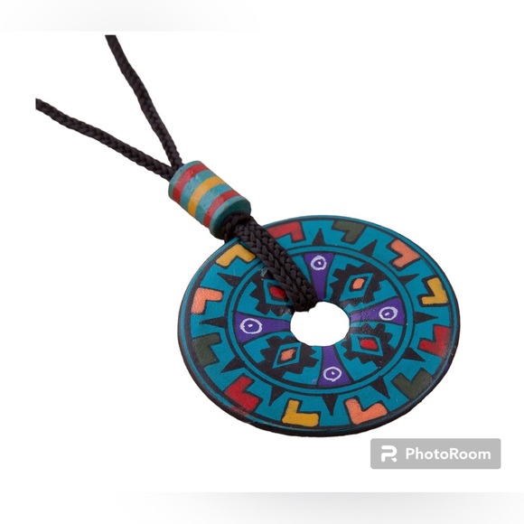 Peruvian Hand Painted Ceramic Pendant Necklace on a Black Cord - Picture 3 of 6